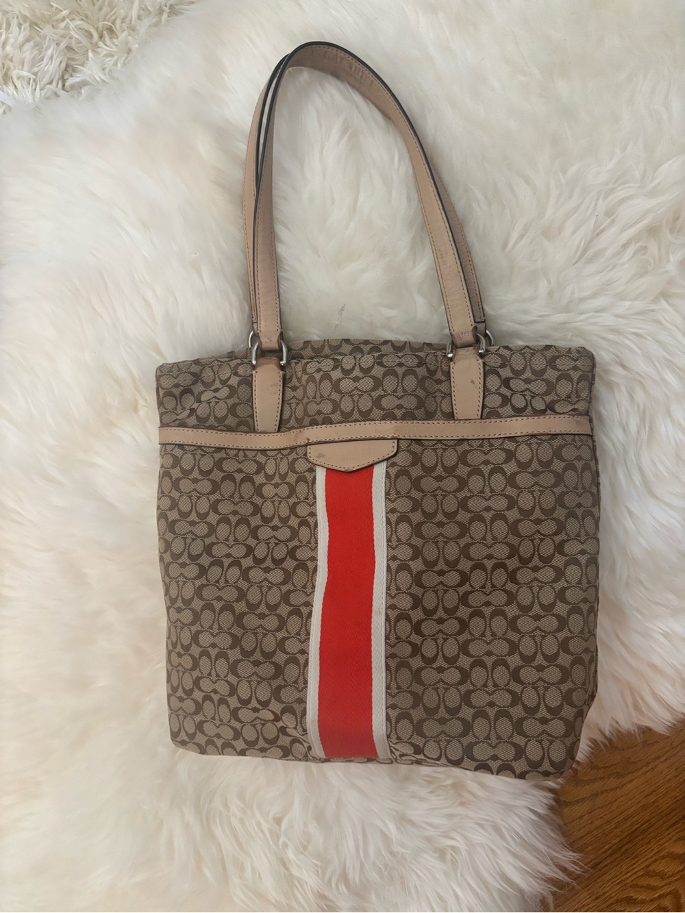 Vintage Coach Beige Signature Tote with Red Center Stripe